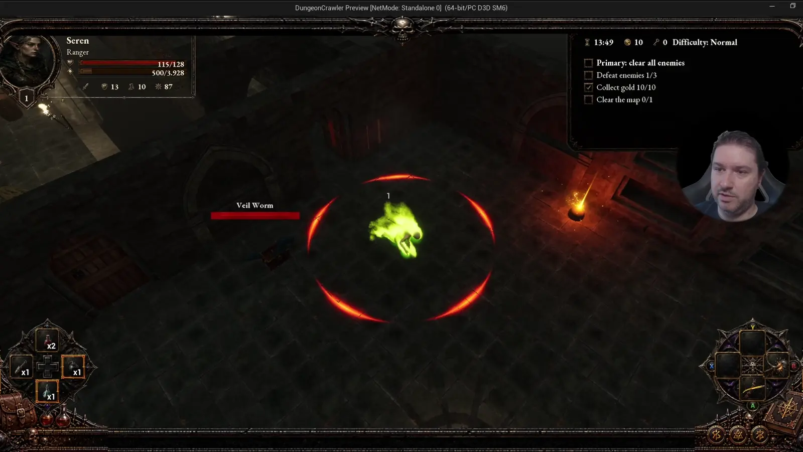 Isometric Dungeon Crawler gameplay with an enemy and combat effects in a crypt.